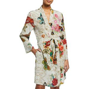 Johnny Was Evelyn Sleepwear Silk Robe Home Lounge Cream Butterfly Floral XXL NEW
